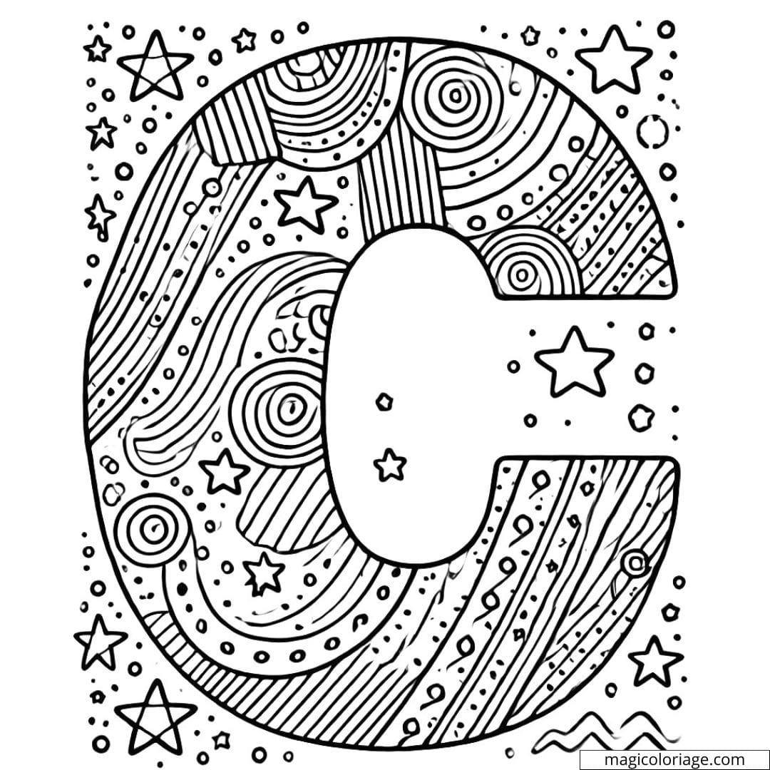 Coloriage lettre C simple décorée avec des formes faciles à colorier pour maternelle.