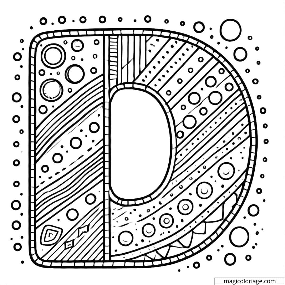 Coloriage lettre D simple décorée pour maternelle, avec des motifs de points et de lignes faciles à colorier.