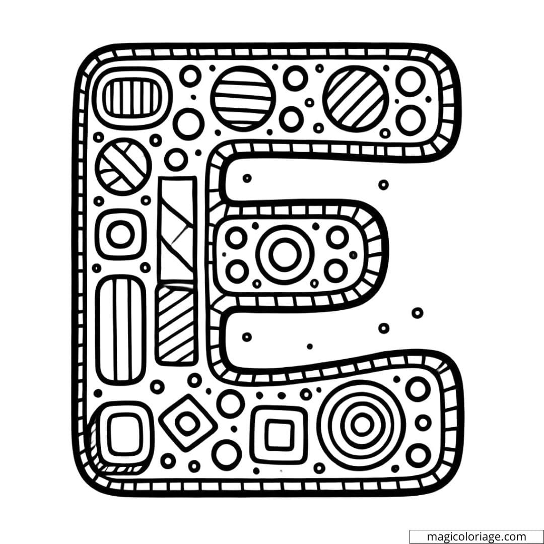 Coloriage lettre E simple décorée avec des formes faciles à colorier pour maternelle.