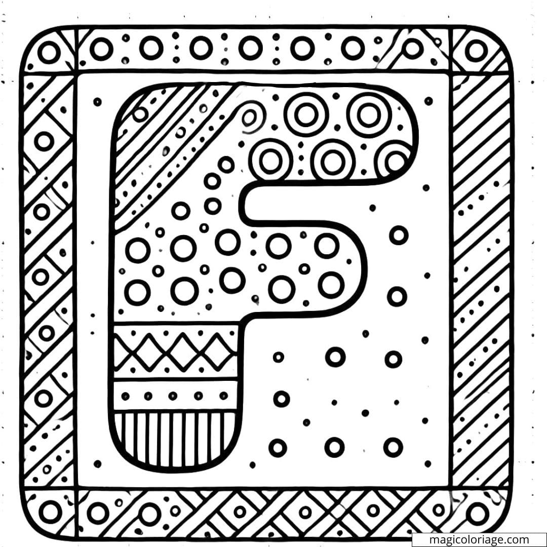 Coloriage lettre F simple décorée pour maternelle, avec des motifs faciles à colorier.