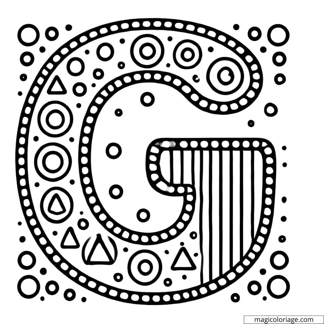 Coloriage lettre G simple décorée avec des motifs faciles à colorier pour maternelle.