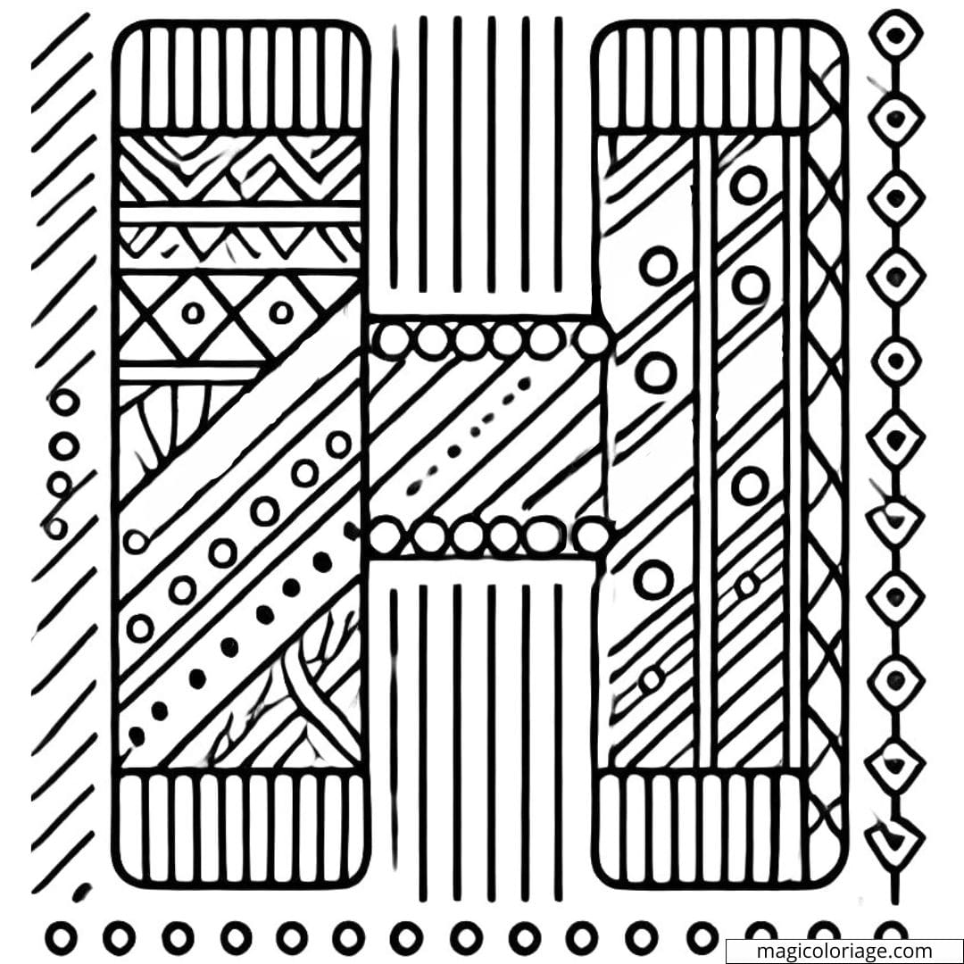Coloriage lettre H simple décorée avec des motifs faciles à colorier pour enfants en maternelle.
