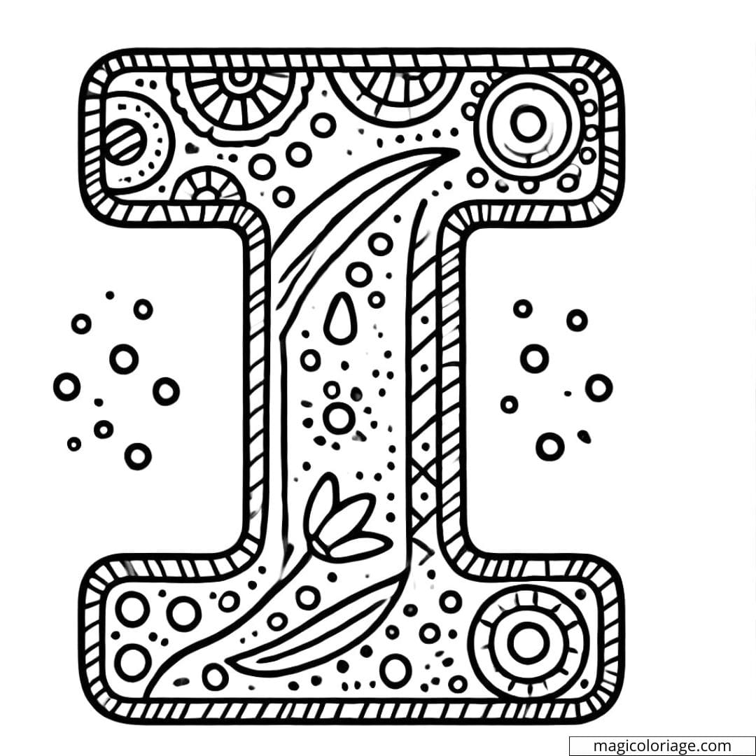 Coloriage lettre I simple décorée pour maternelle, avec des motifs de points et de lignes faciles à colorier.