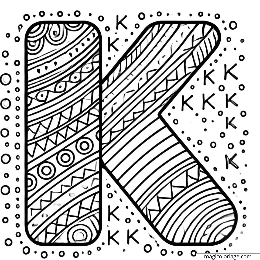 Coloriage lettre K simple décorée pour maternelle, avec des motifs faciles à colorier.