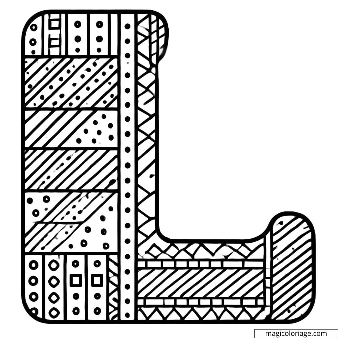 Coloriage lettre L simple décorée avec des motifs faciles à colorier pour maternelle.