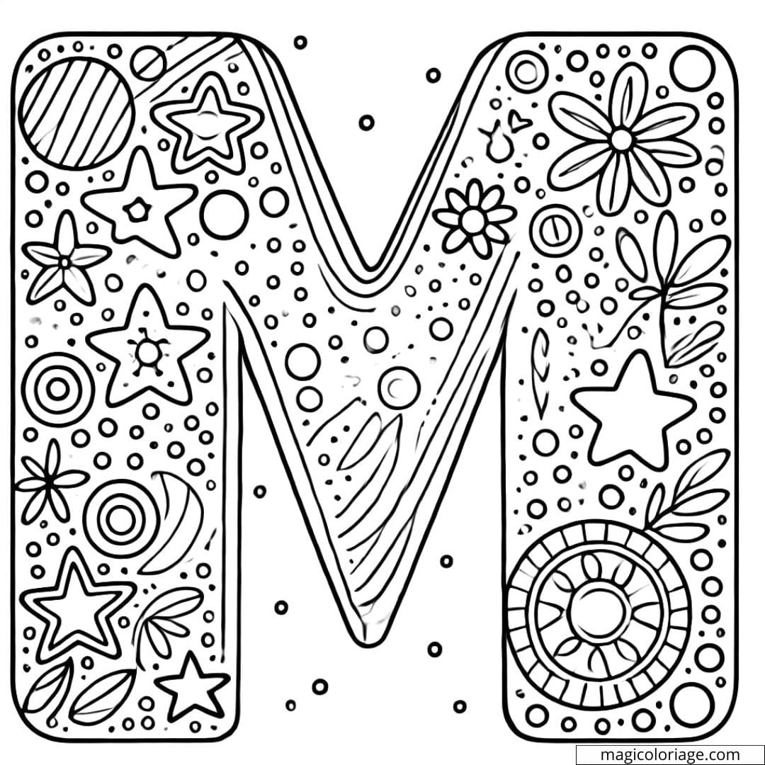 Coloriage lettre M simple décorée avec des motifs faciles à colorier pour enfants en maternelle.