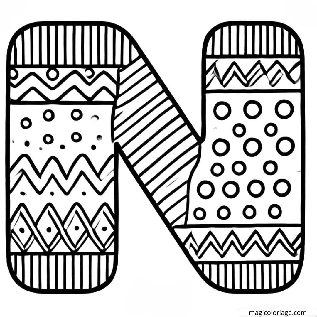 Coloriage lettre N simple décorée pour maternelle, avec des motifs de points et de zigzags faciles à colorier.