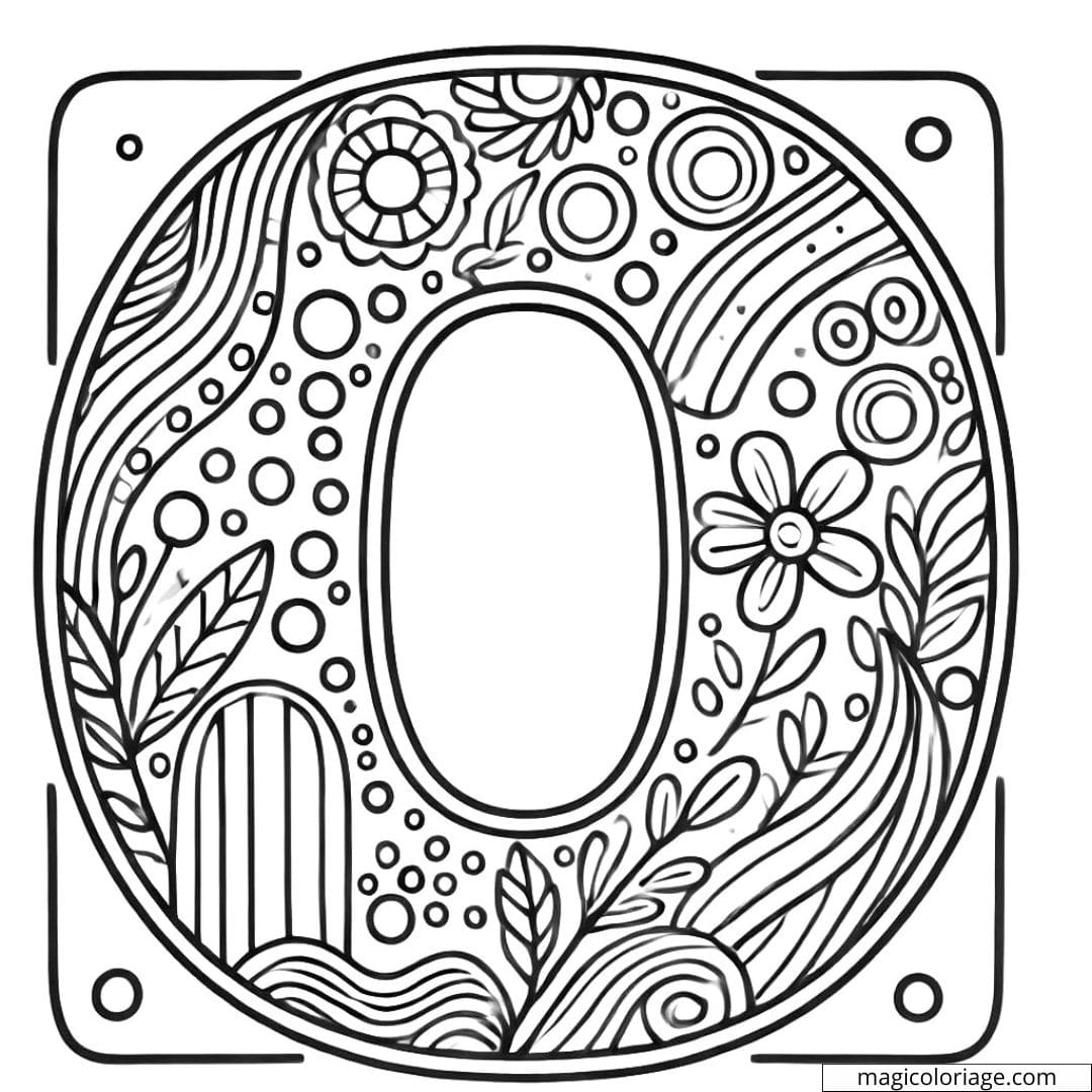 Coloriage lettre O simple décorée avec des formes faciles à colorier pour maternelle.