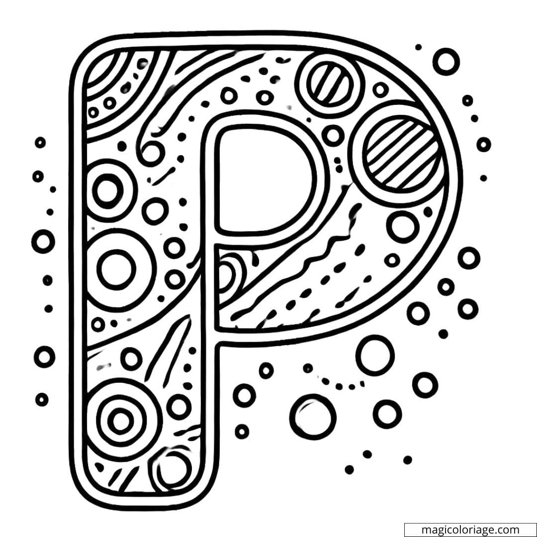 Coloriage lettre P simple décorée pour maternelle, avec des motifs faciles à colorier.