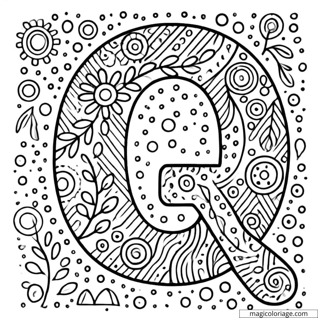 Coloriage lettre Q simple décorée avec des motifs faciles à colorier pour maternelle.