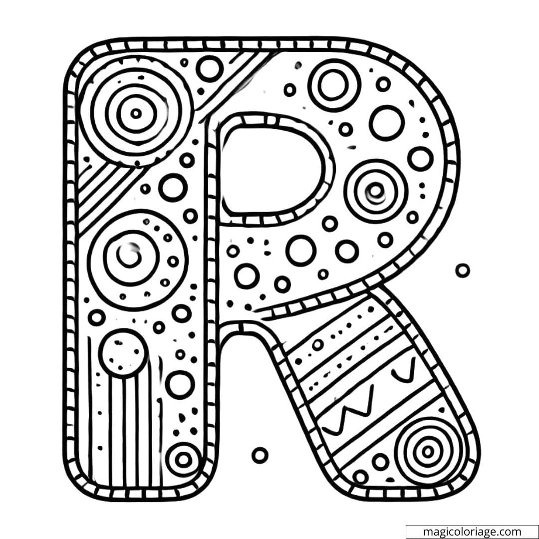 Coloriage lettre R simple décorée pour maternelle, avec des motifs faciles à colorier.