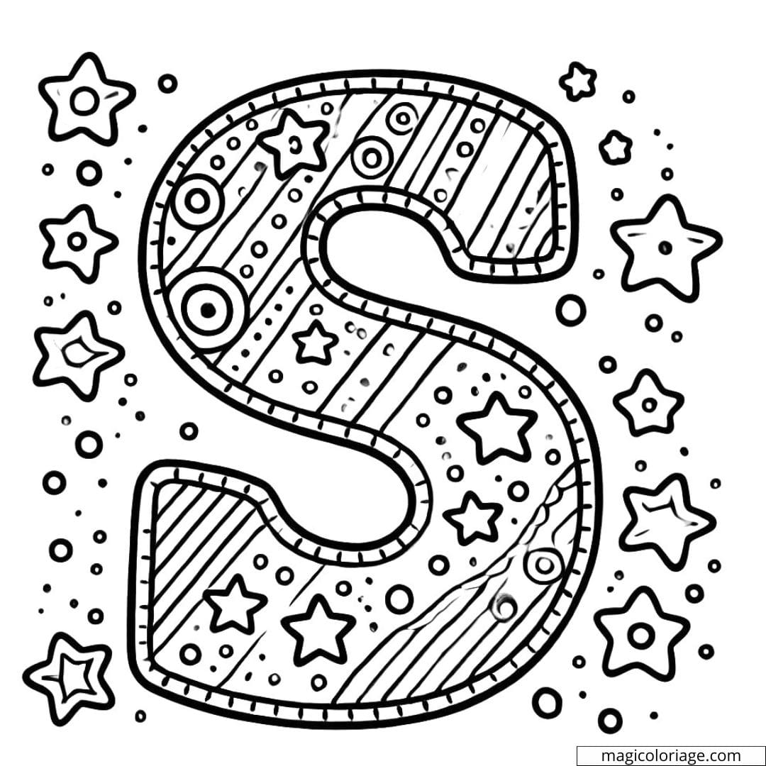 Coloriage lettre S simple décorée avec des motifs faciles à colorier pour maternelle.