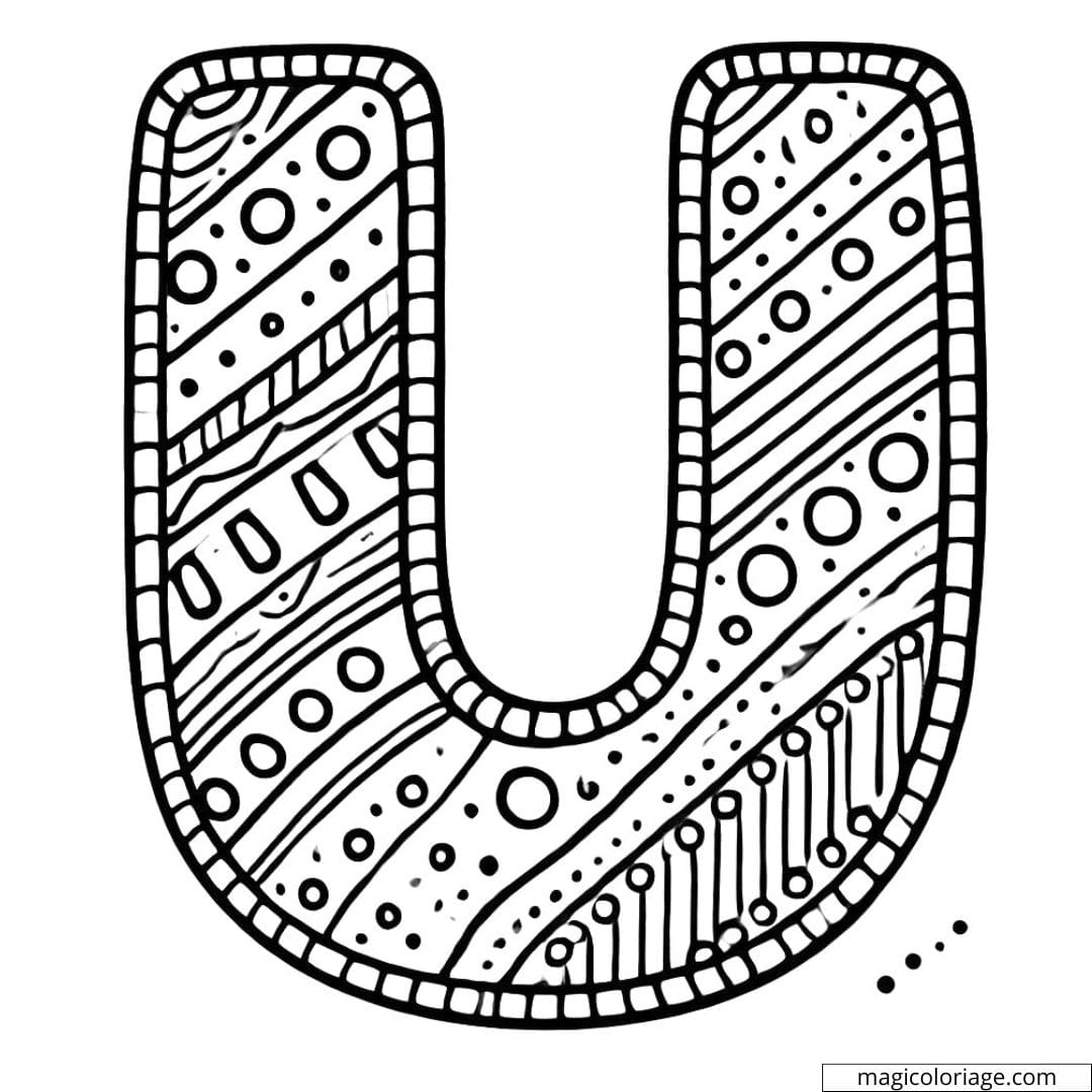 Coloriage lettre U simple décorée pour maternelle, avec des motifs faciles à colorier.