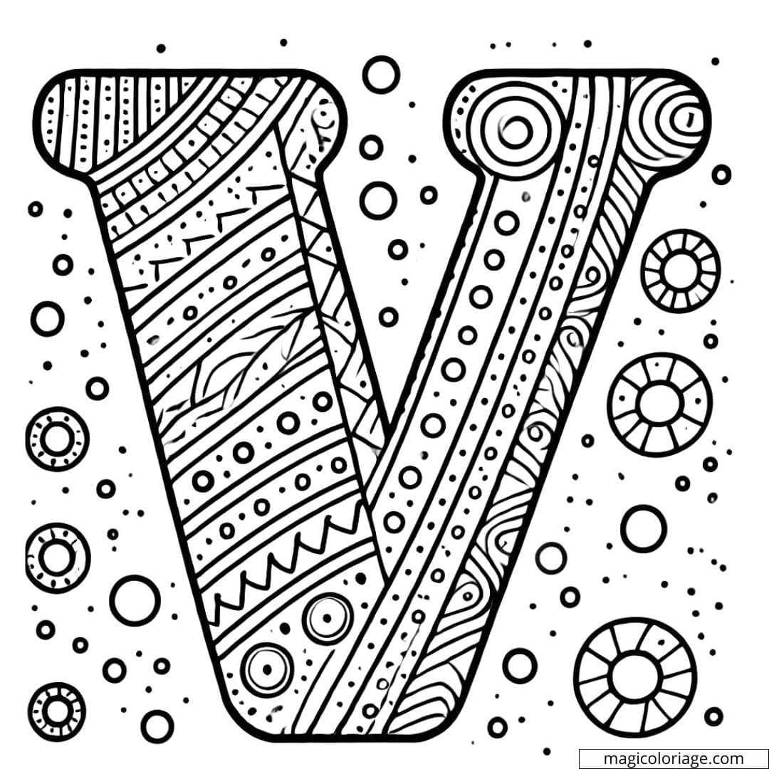 Coloriage lettre V simple décorée avec des motifs faciles à colorier pour maternelle.