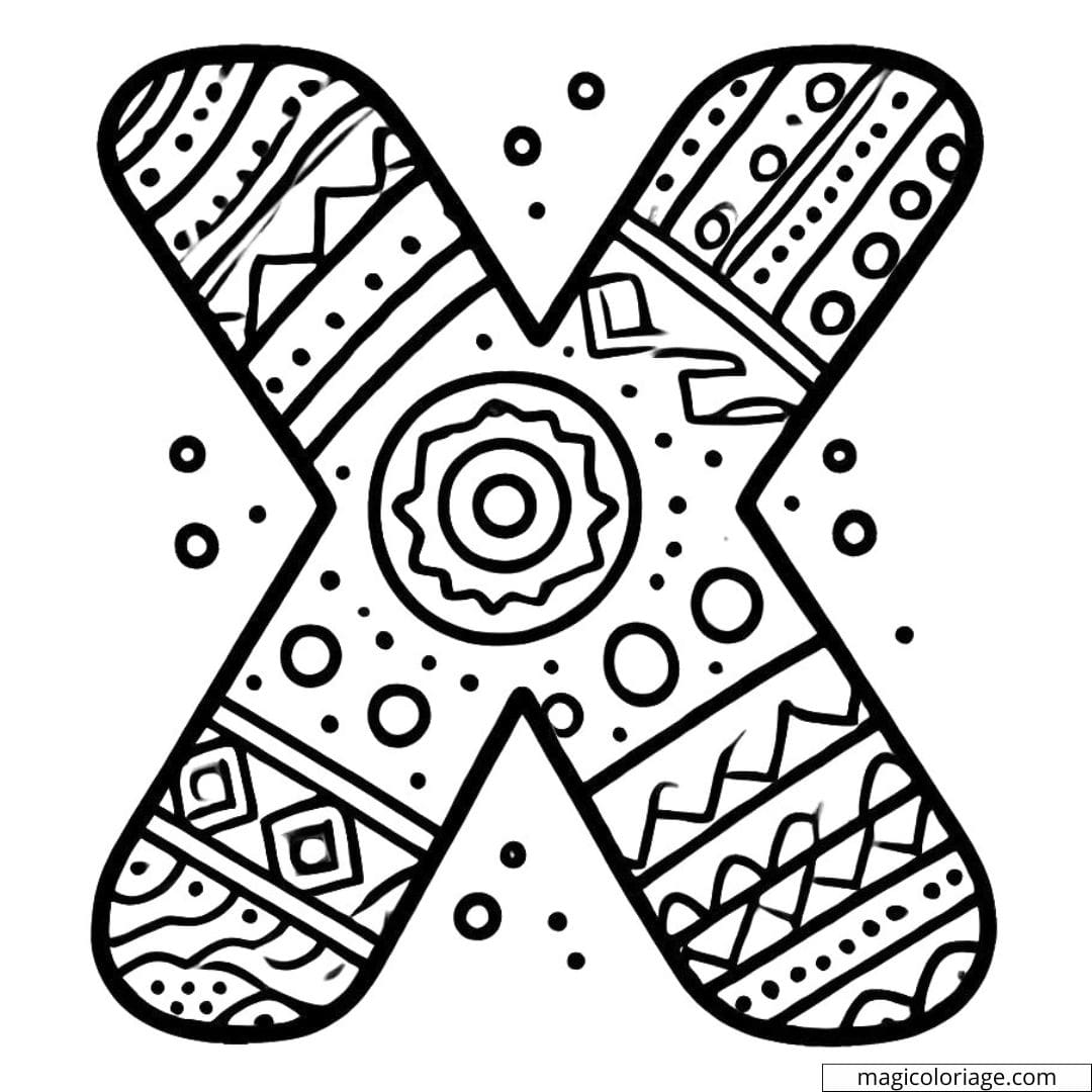 Coloriage lettre X simple décorée avec des motifs faciles à colorier pour maternelle.