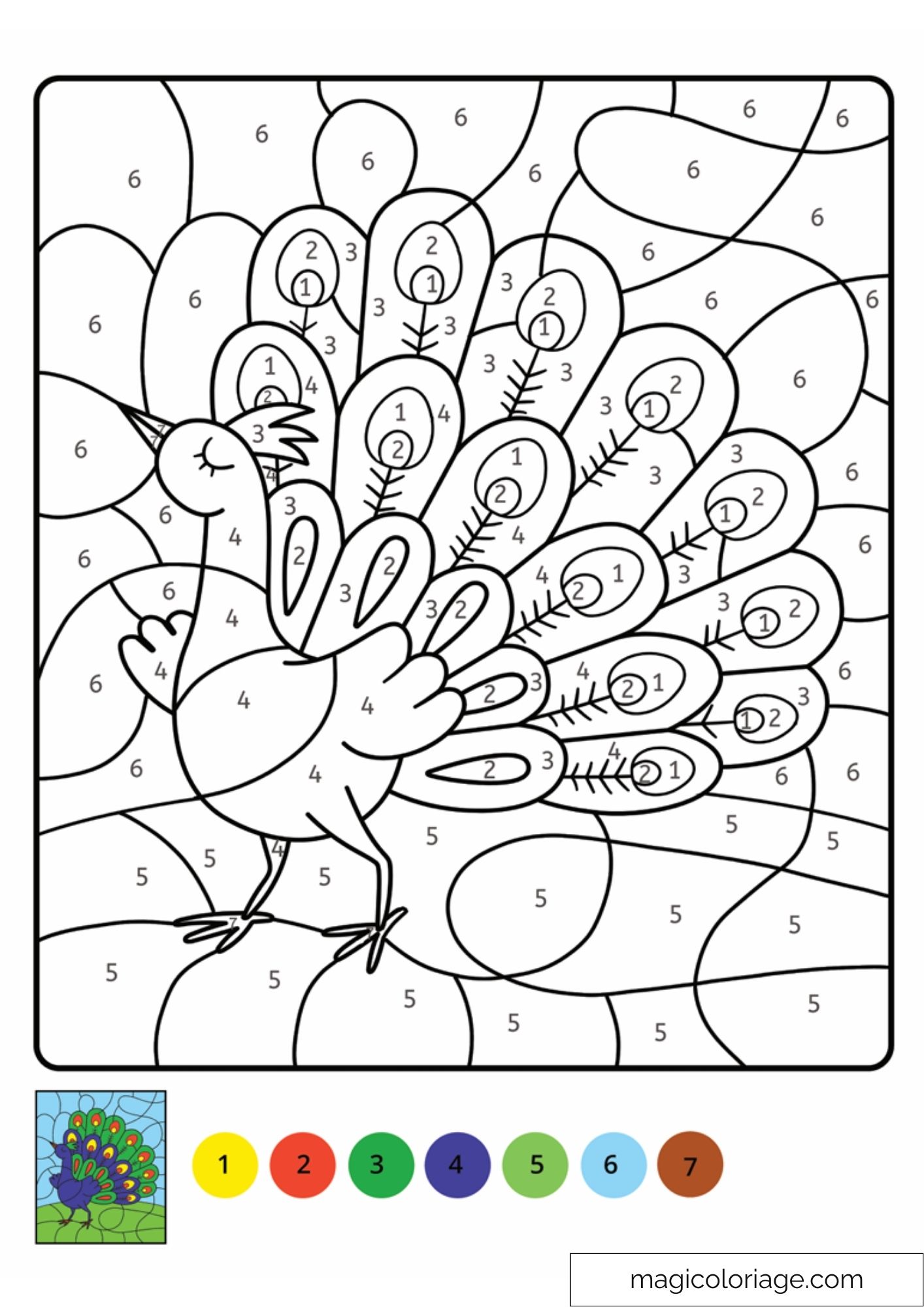 Coloriage magique de paon avec numéros pour enfants en CP et CE1