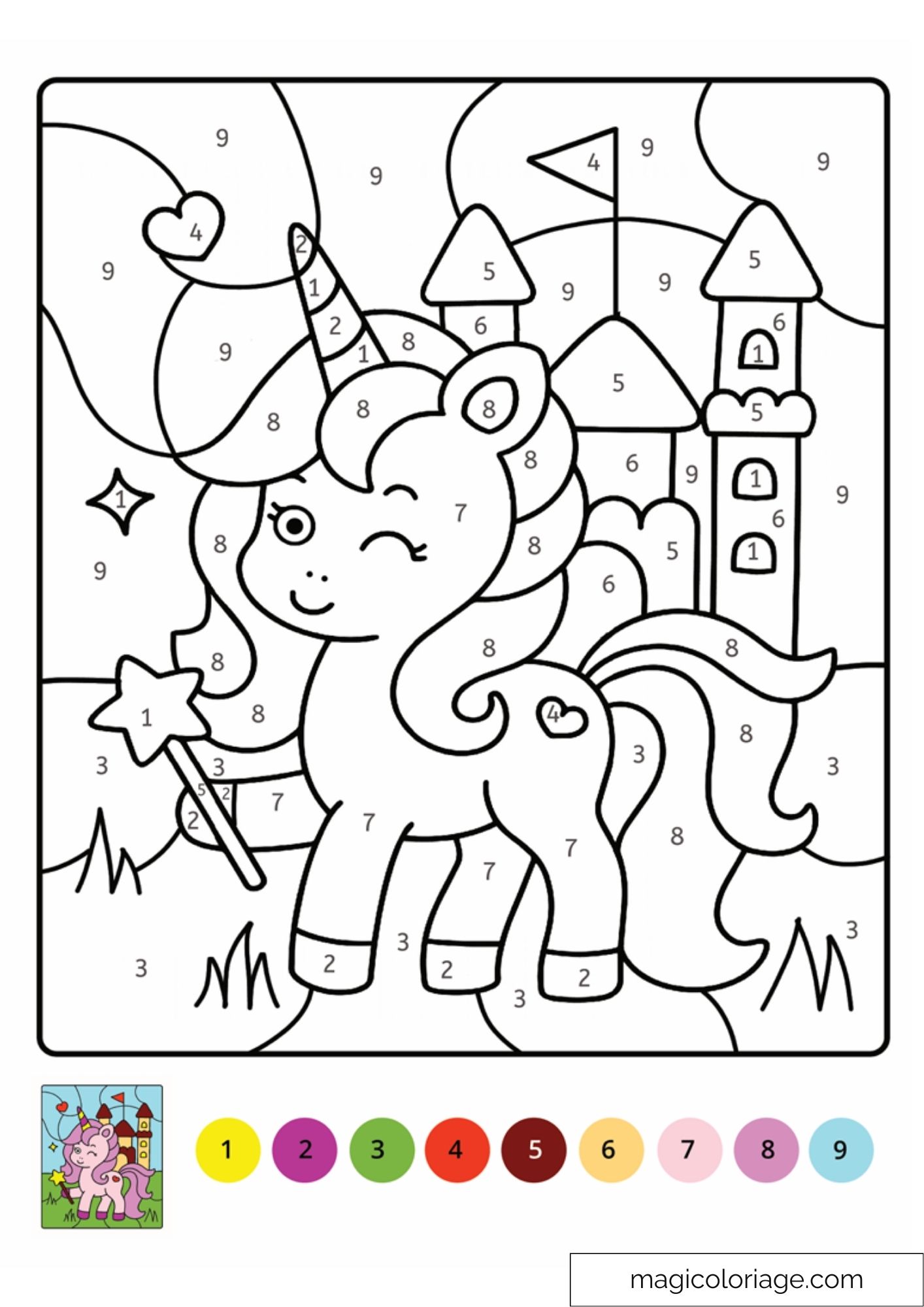 Coloriage magique de licorne et château avec numéros