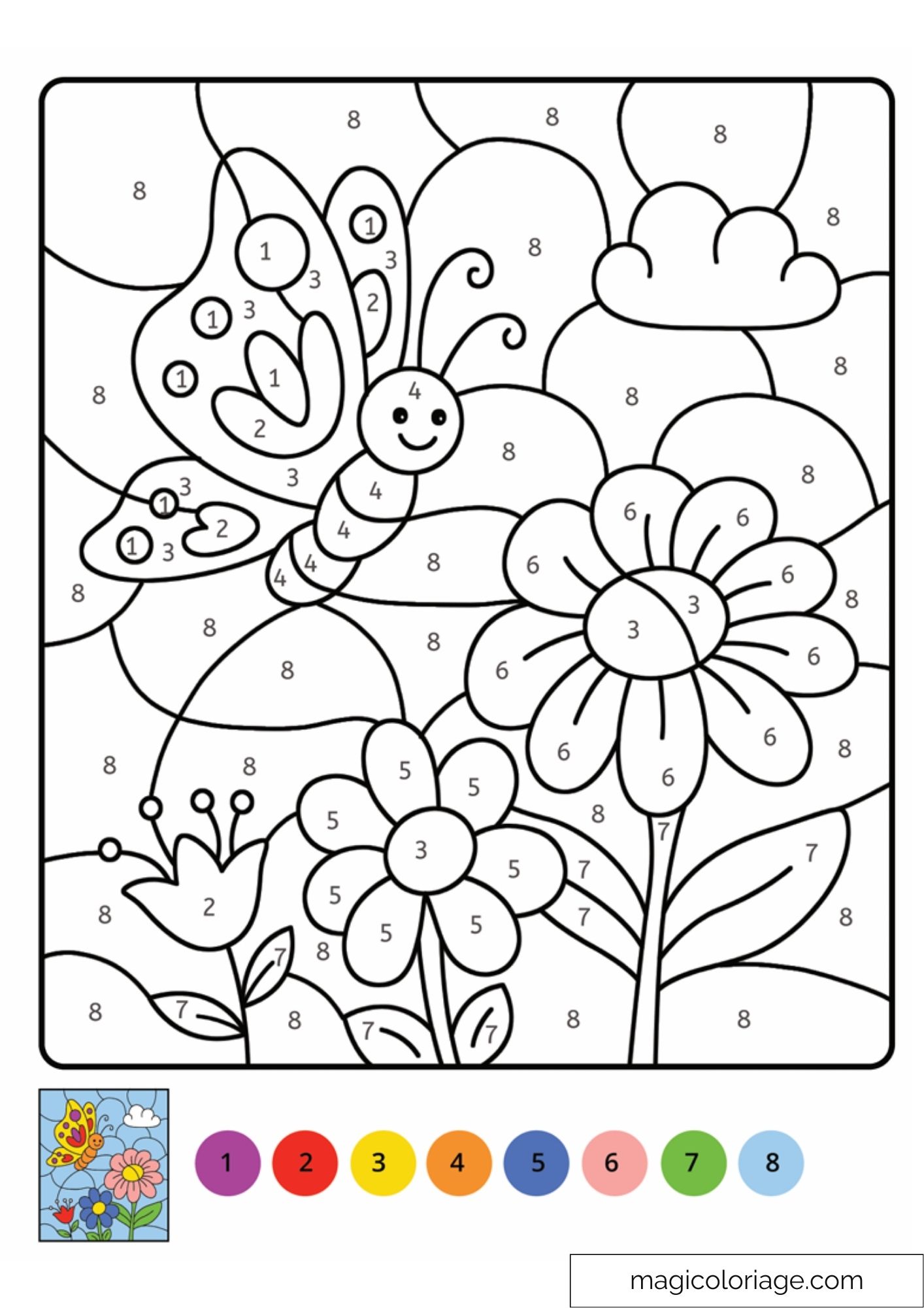 Papillon souriant volant au-dessus de fleurs sous un ciel clair.