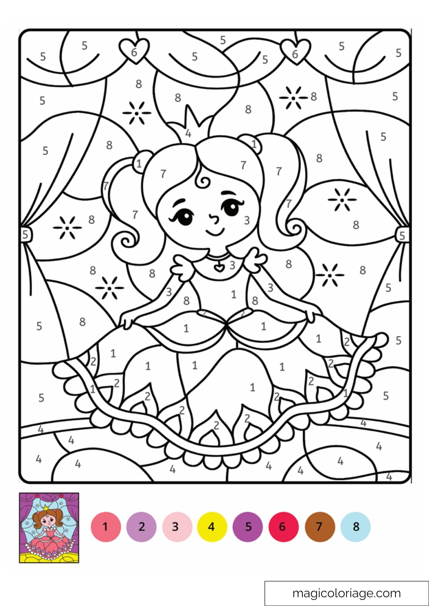 Coloriage magique princesse avec numéros et couleurs vives