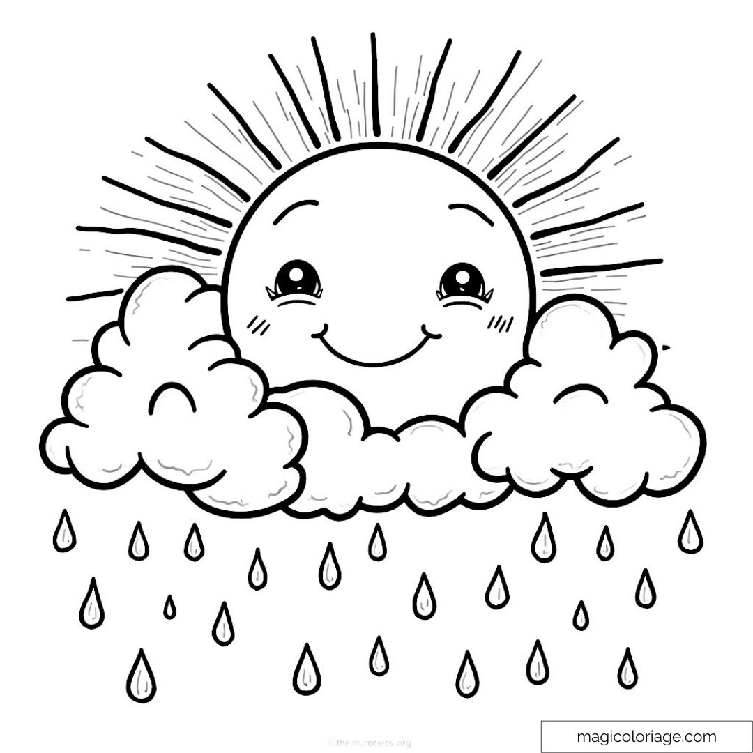 Coloriage soleil heureux derrière des nuages avec gouttes de pluie