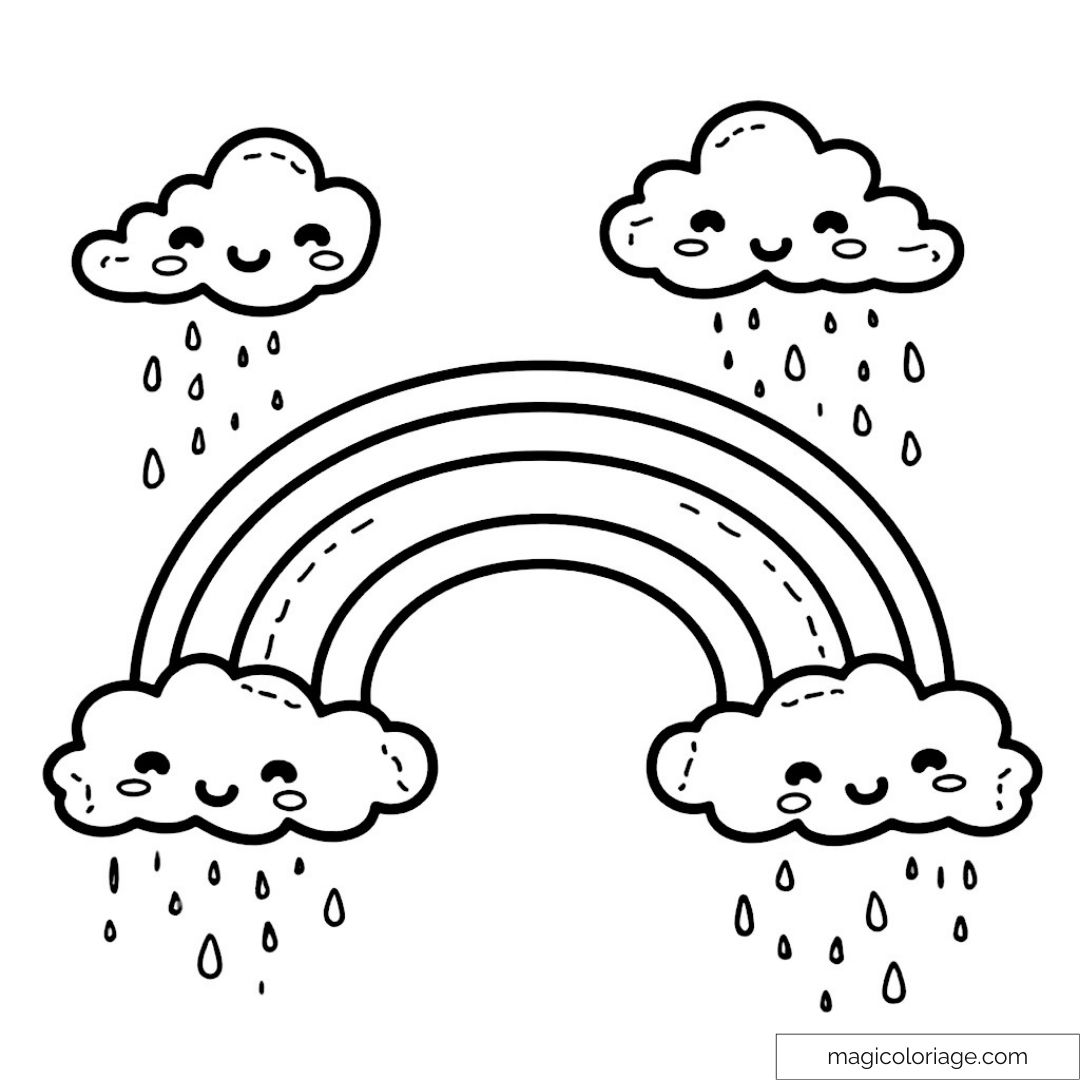 Dessin d'un arc-en-ciel avec des nuages heureux