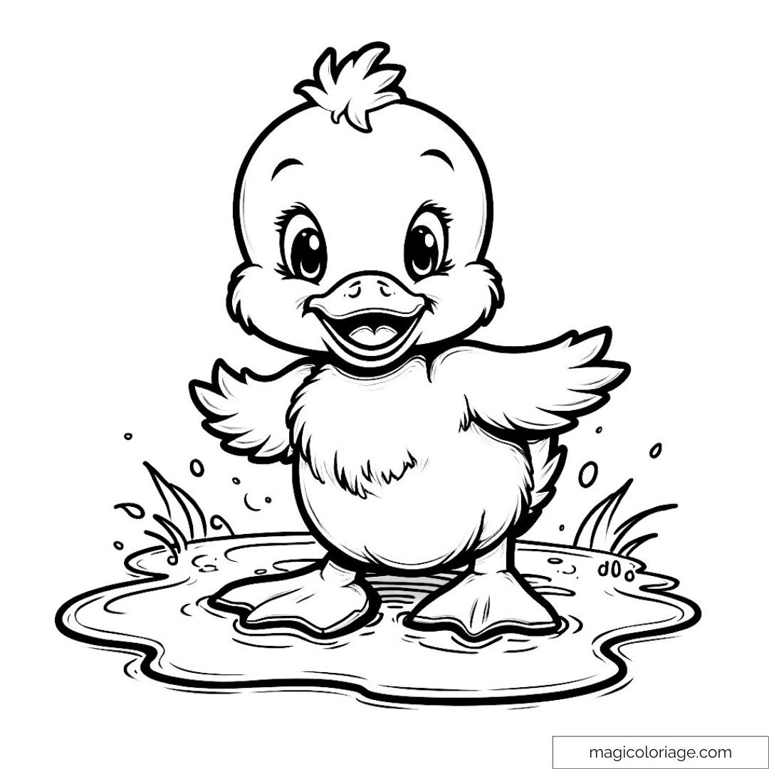 Image d'un caneton souriant debout dans une flaque d'eau.