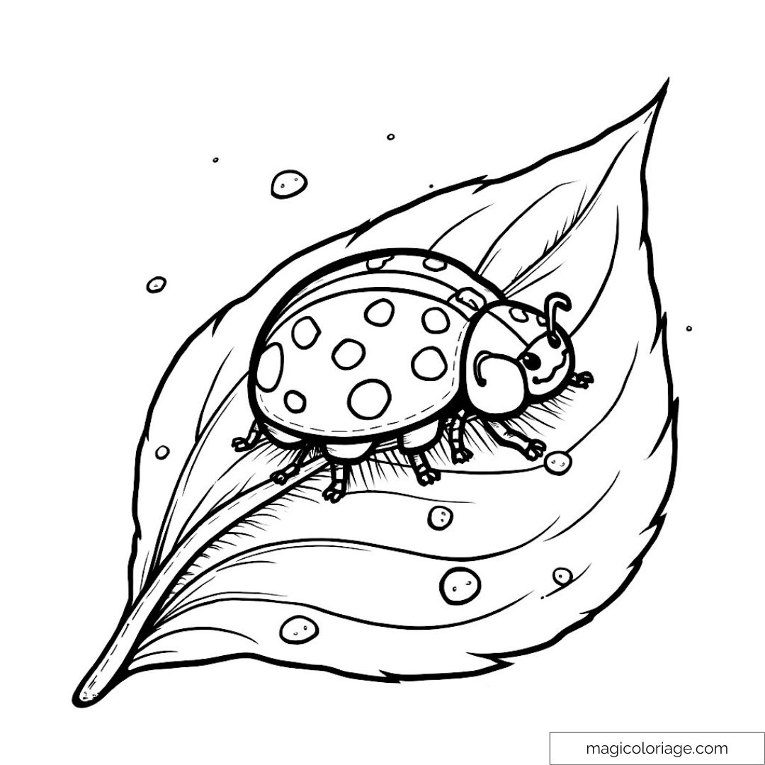 Dessin de coccinelle sur feuille à colorier pour enfants.