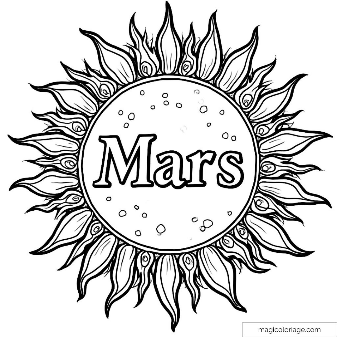 Coloriage Mars avec un soleil en motifs complexes et stylisés.