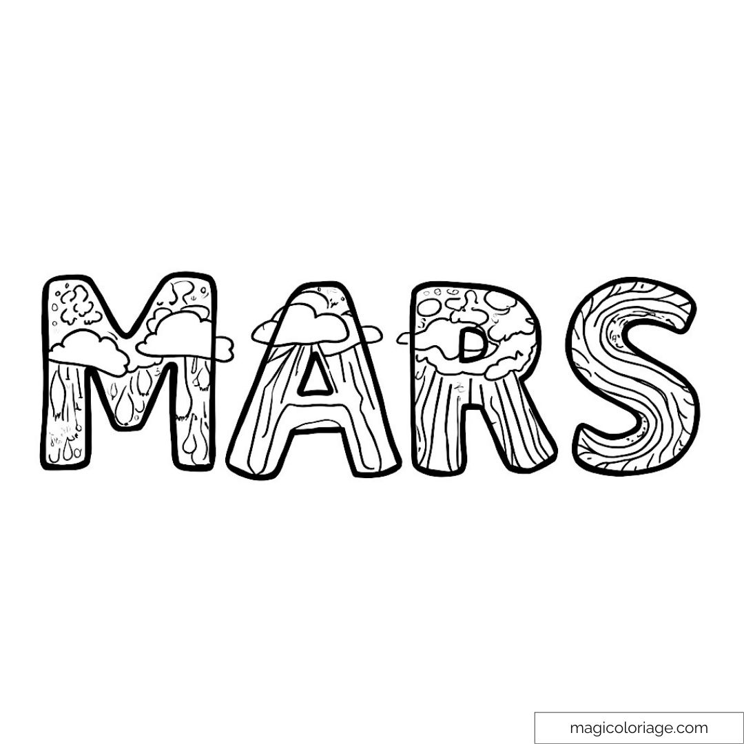 Coloriage "Mars" avec lettres décorées de motifs nature