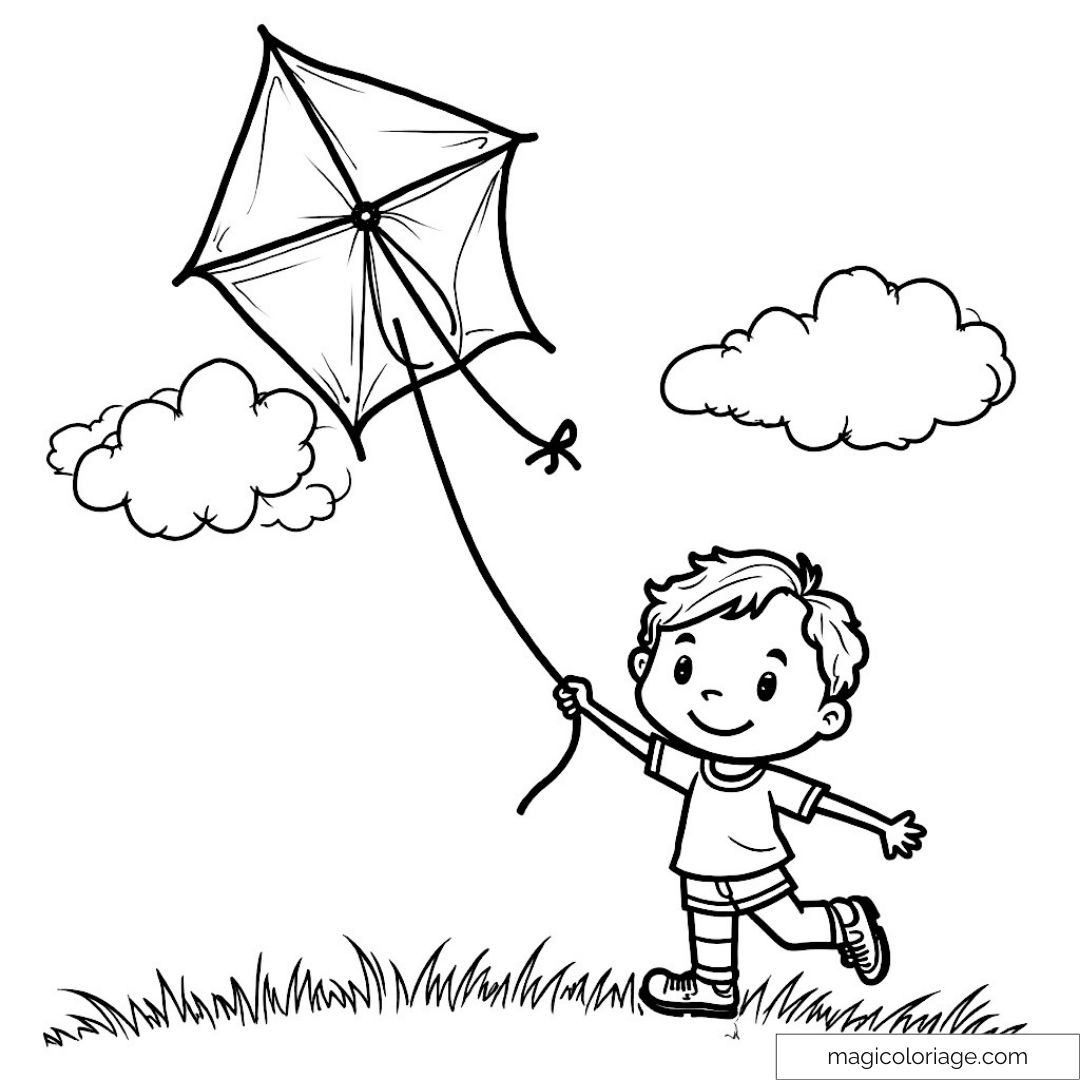 Coloriage d'un enfant avec cerf-volant et nuages.