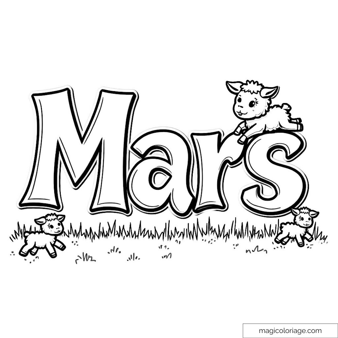 Dessin à colorier de Mars avec agneaux dans l'herbe