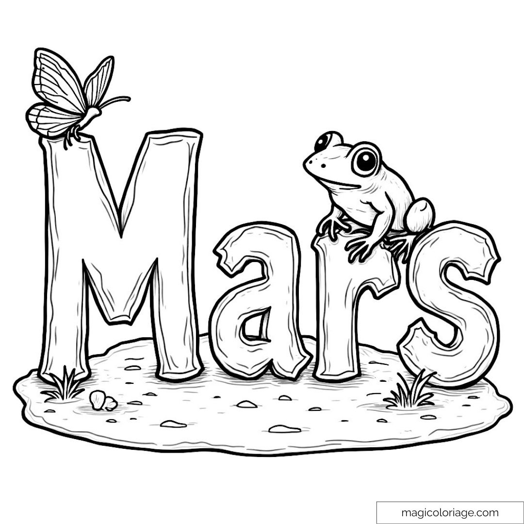 Coloriage de mars avec une grenouille et un papillon