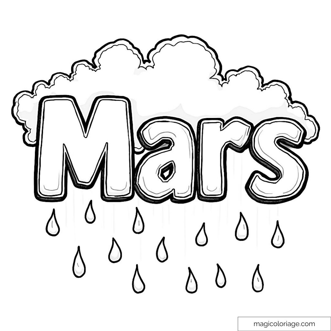 Image de "Mars" entouré de nuages et gouttes de pluie à colorier.