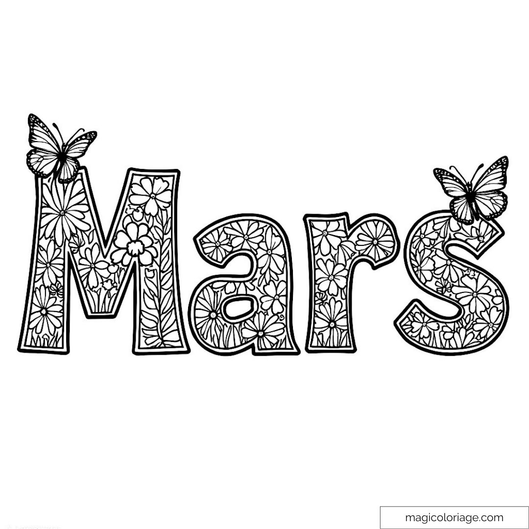 Coloriage de Mars avec fleurs et papillons