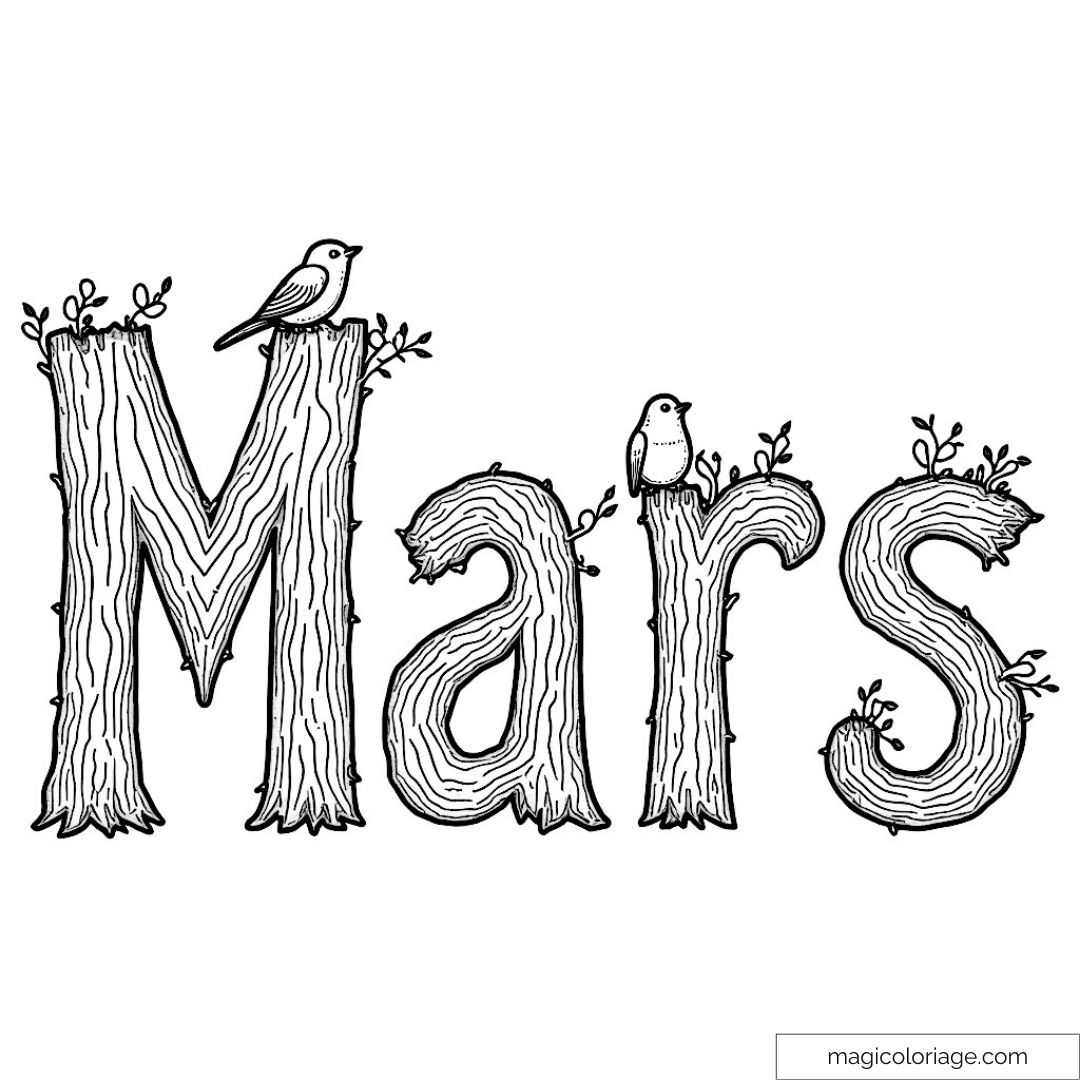 Coloriage avec lettres "Mars" en bois et oiseaux perchés.
