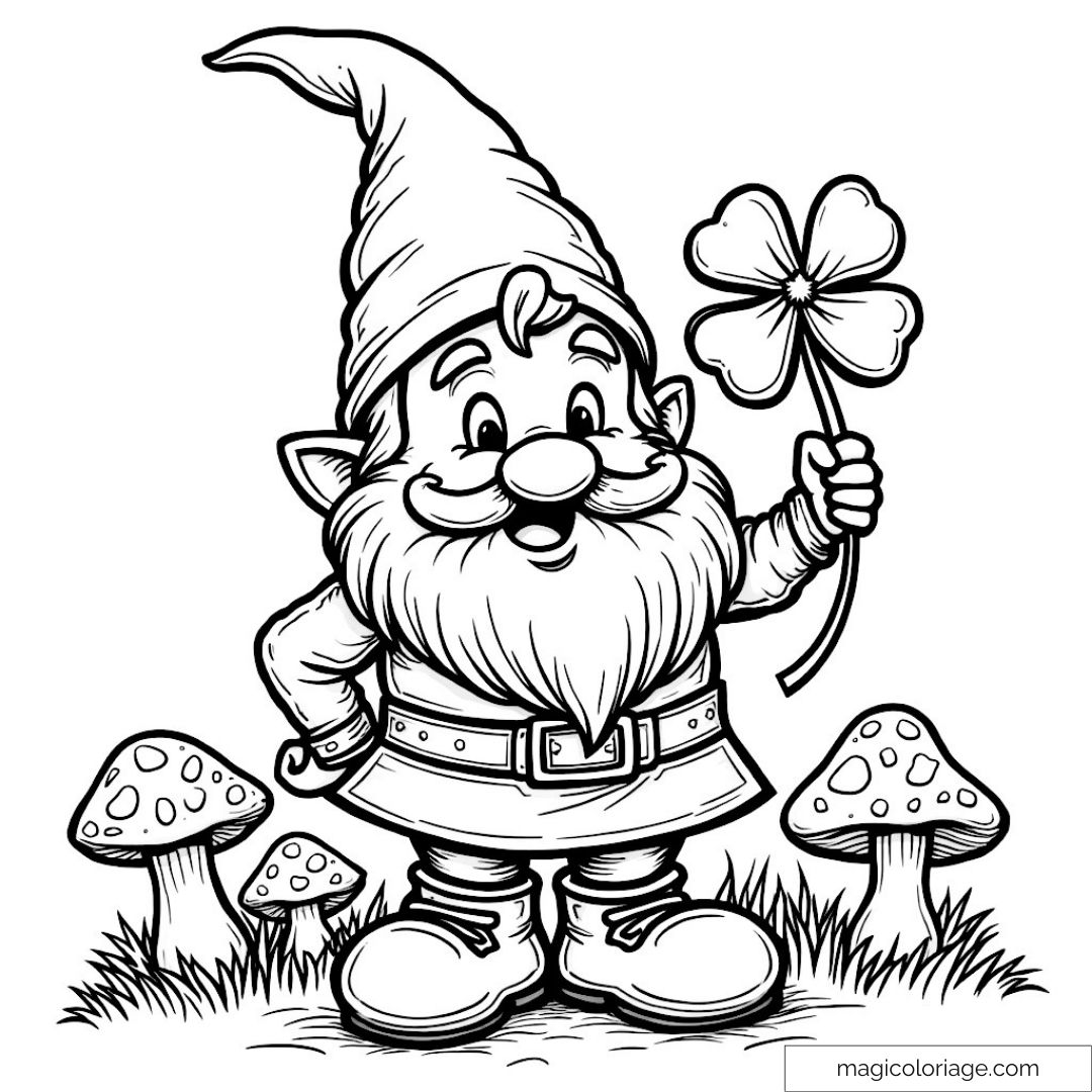 Dessin de nain avec trèfle et champignons magiques