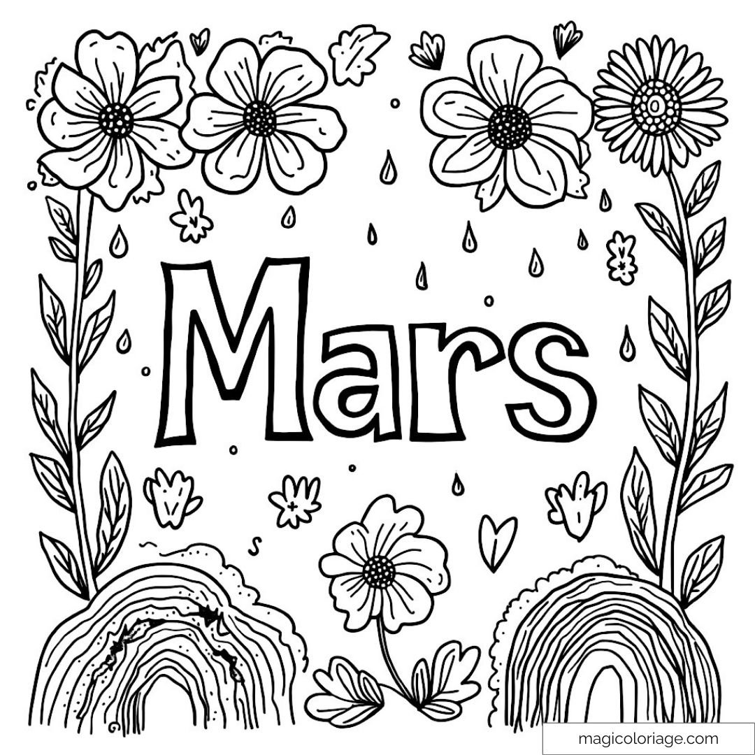Illustration de fleurs avec le mot "mars" au centre. Parfait pour le printemps et pour colorier.
