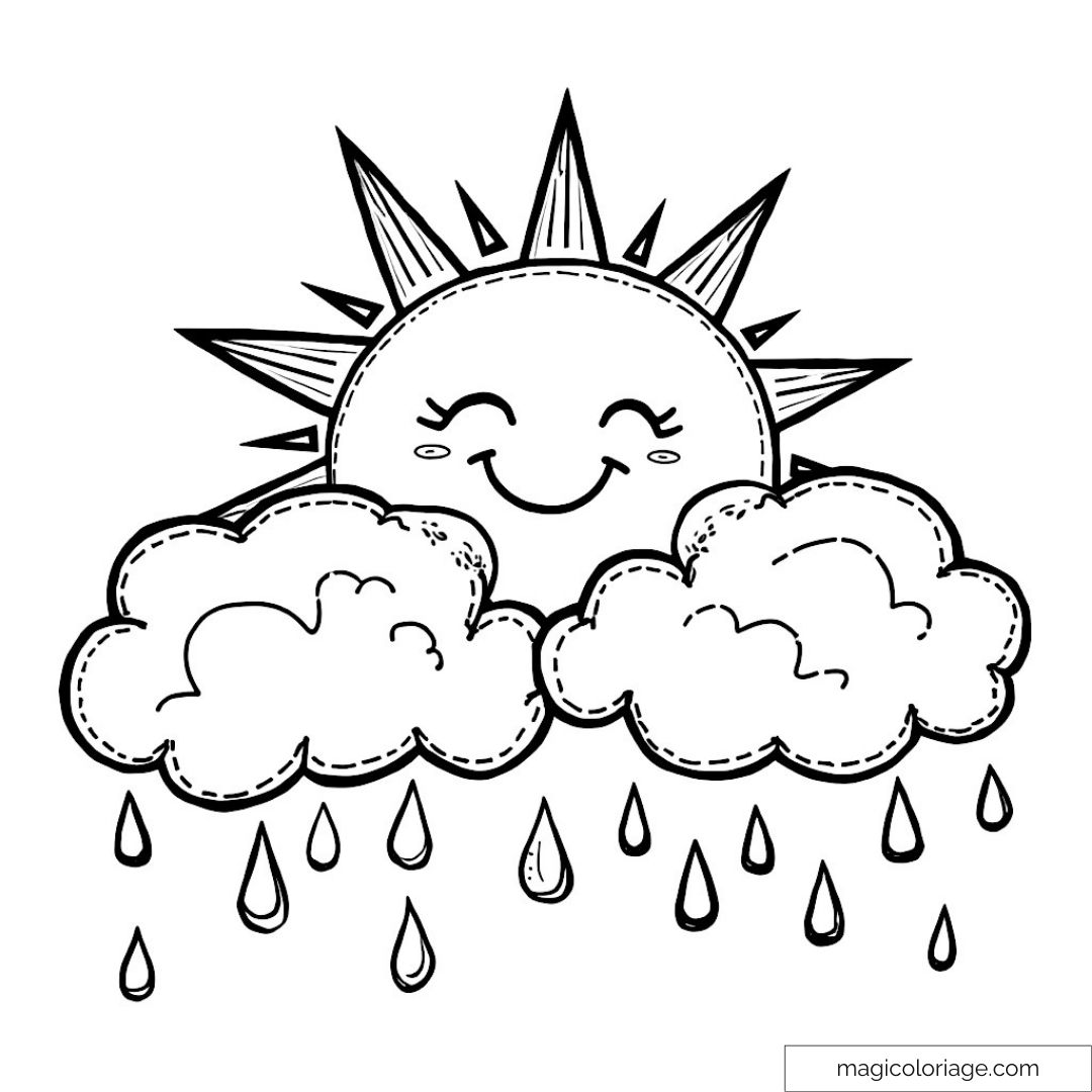 Dessin de soleil souriant avec nuages et gouttes de pluie à colorier.