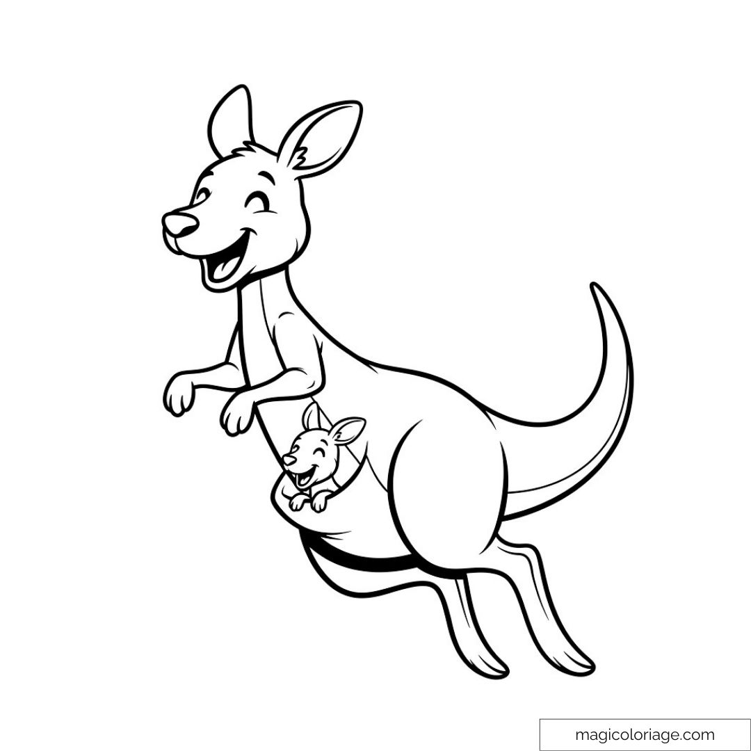 Kangourou joyeux avec petit dans sa poche ventrale à colorier.