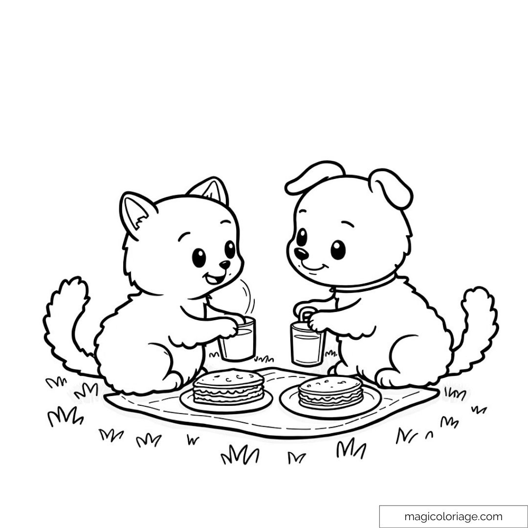 Dessin de chat et chien partageant un pique-nique