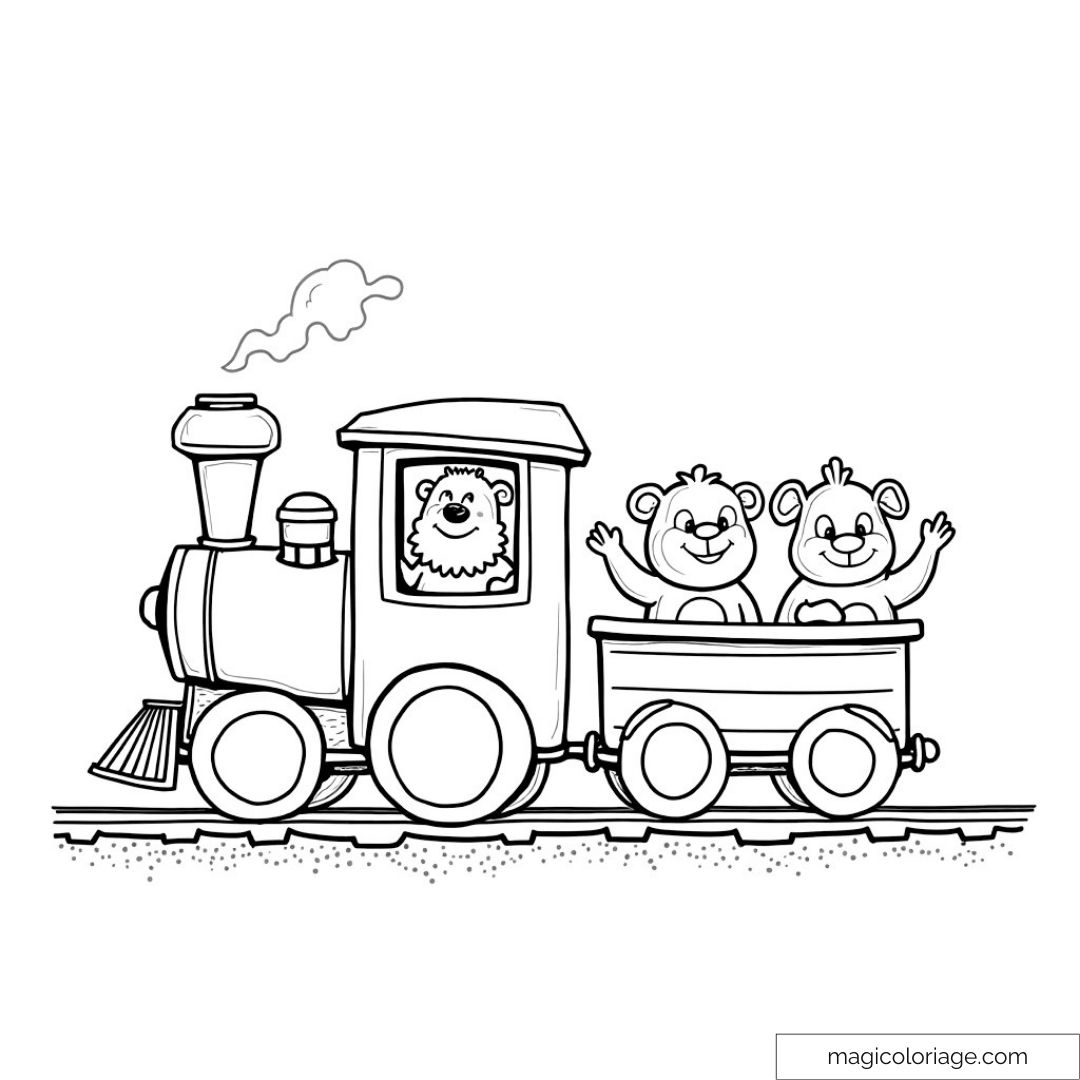 Dessin de petits oursons souriants dans un train