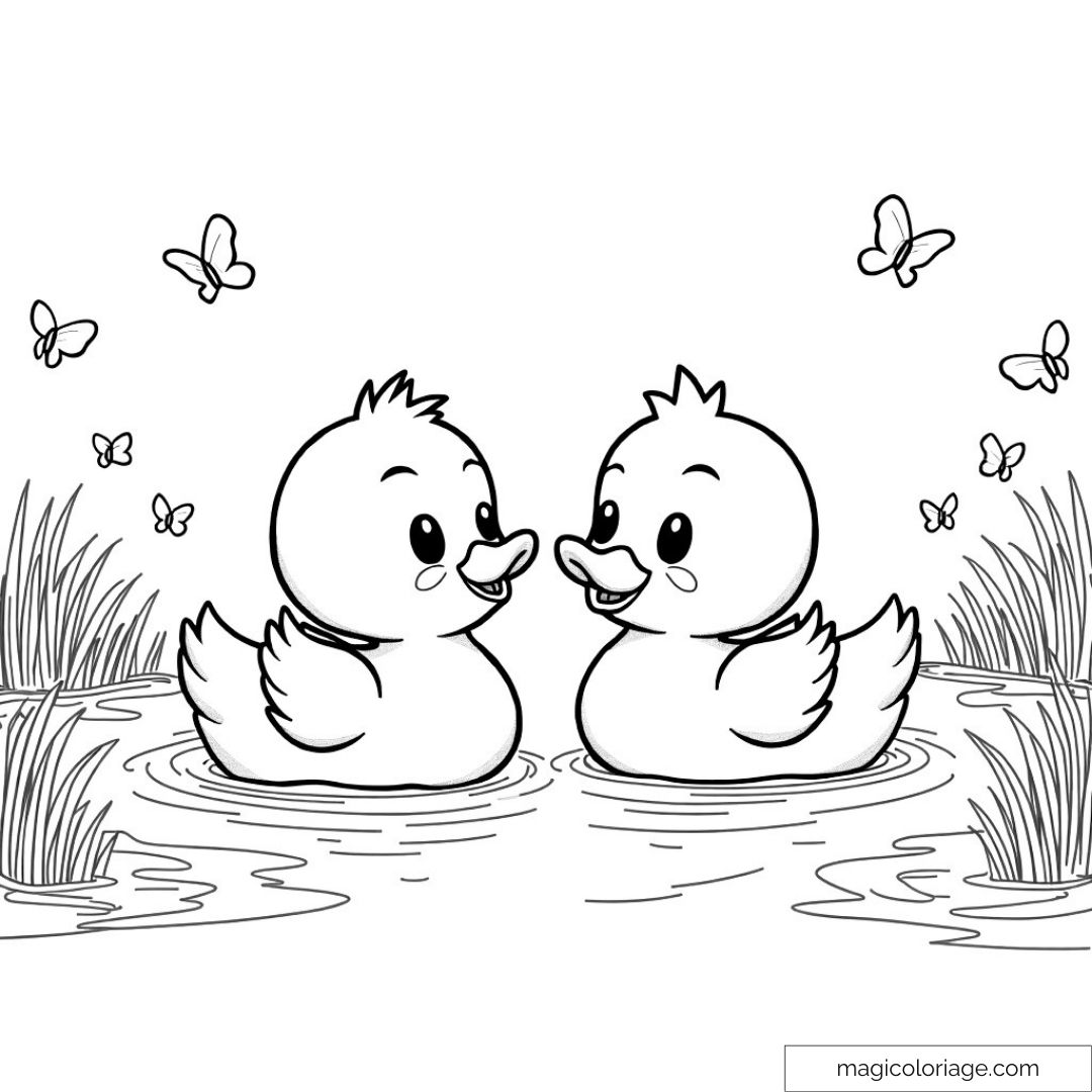Dessin de canetons dans l’eau avec papillons