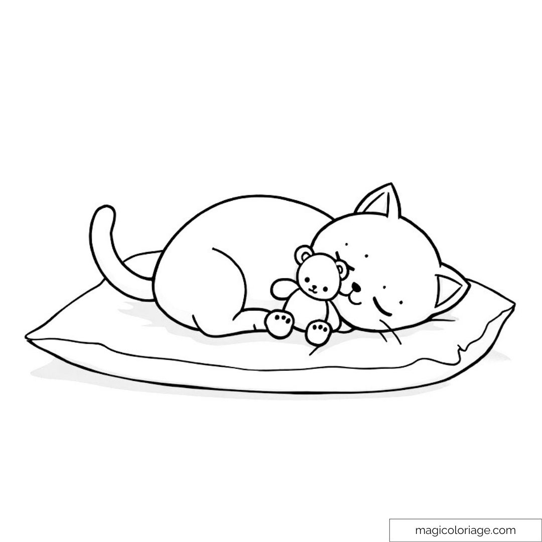 Chat dormant avec une peluche sur un coussin