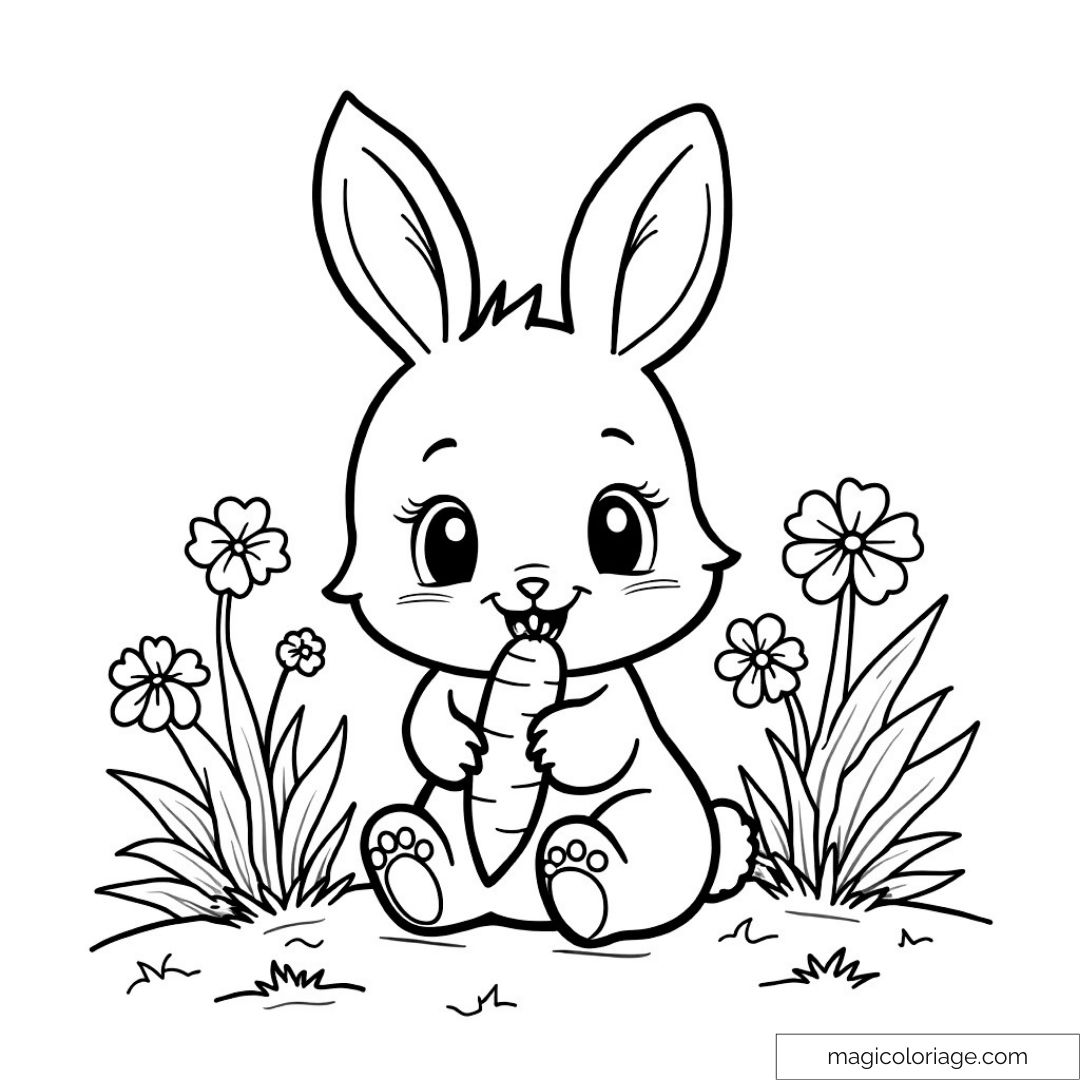 Dessin lapin mignon avec carotte et fleurs à colorier