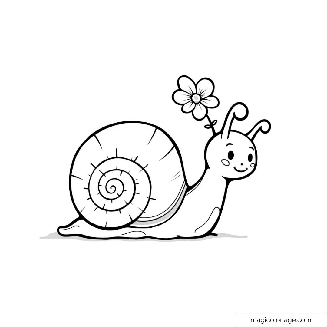 Dessin d’un escargot souriant avec une fleur sur sa coquille.