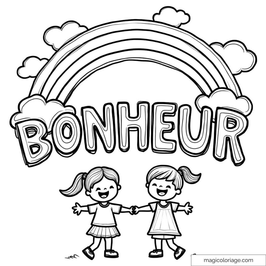 Dessin d'enfants joyeux avec lettre Bonheur sous un arc-en-ciel et nuages.