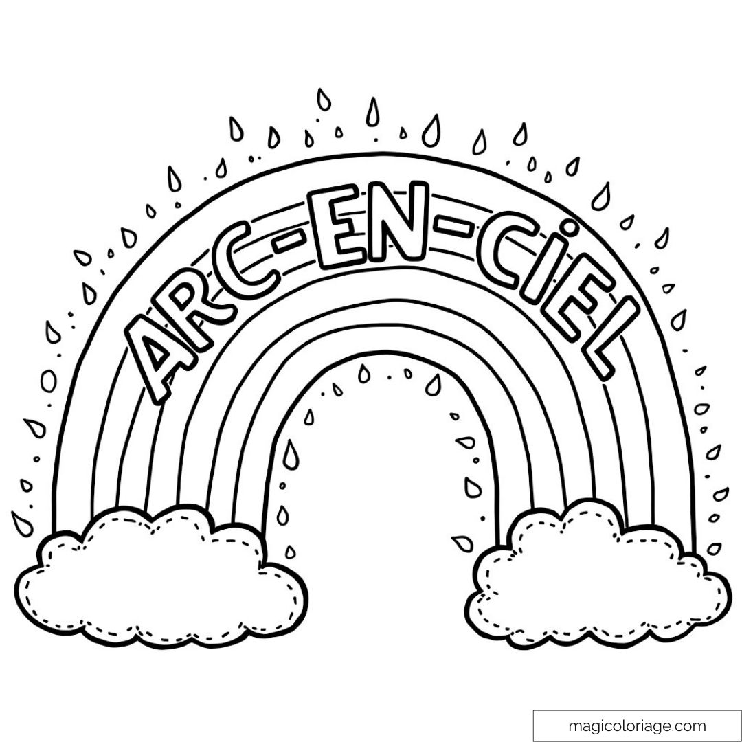 Dessin en noir et blanc d'un arc-en-ciel avec des nuages à colorier