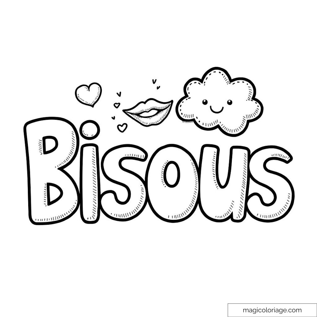 Dessin à colorier avec mot "Bisous"