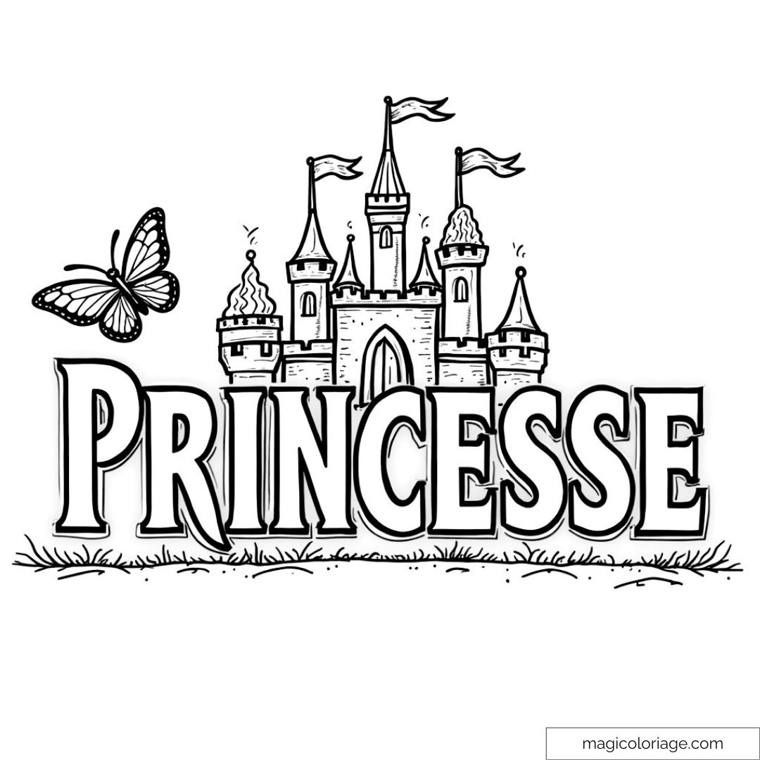 Illustration de château de princesse avec papillon à colorier