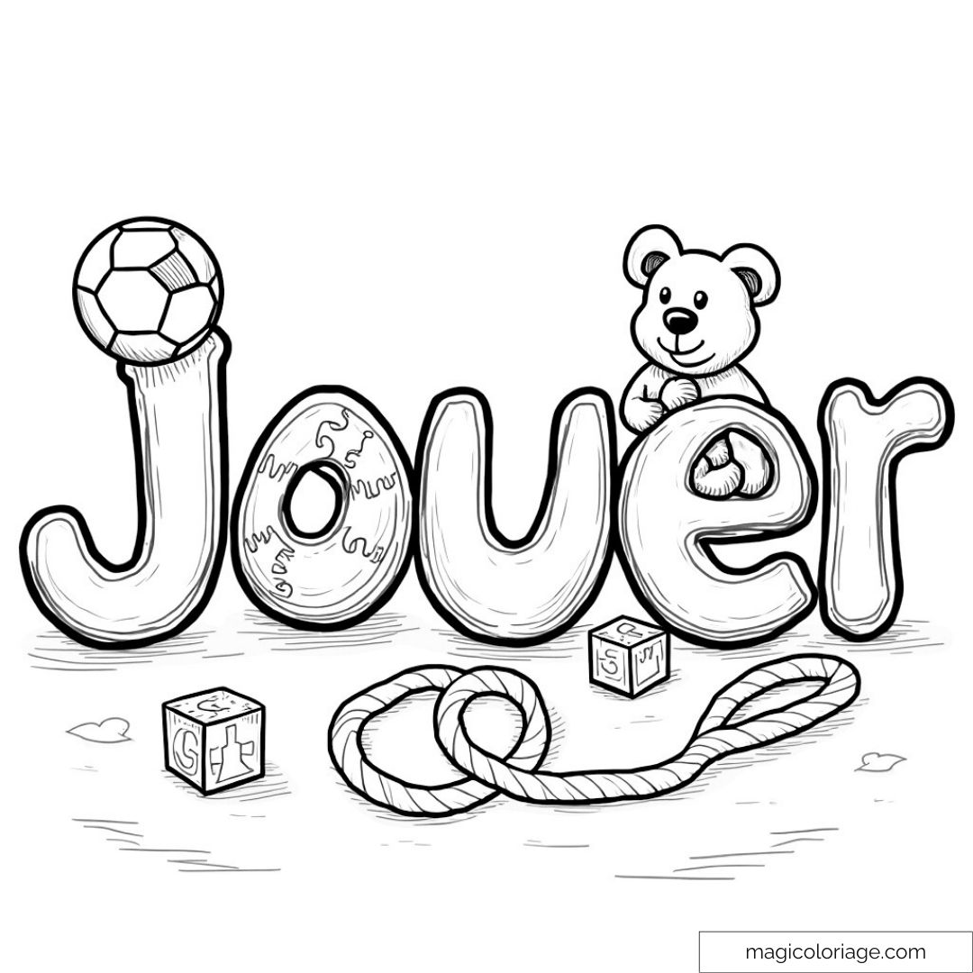Dessin à colorier du mot "Jouer" avec jouets